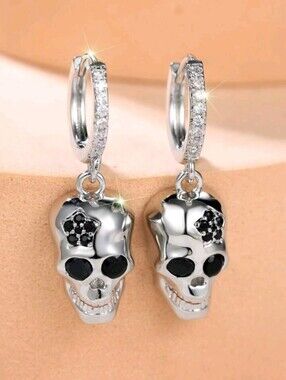 NEW! Sterling Silver Plated Skull CZ & Black Accents Huggie Hoop Earrings